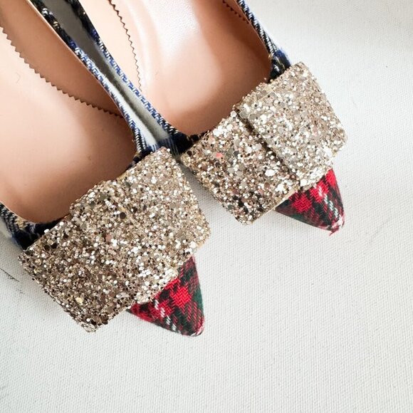 J Crew Wool Plaid Sparkly Bow Heels 6 - Picture 3 of 10